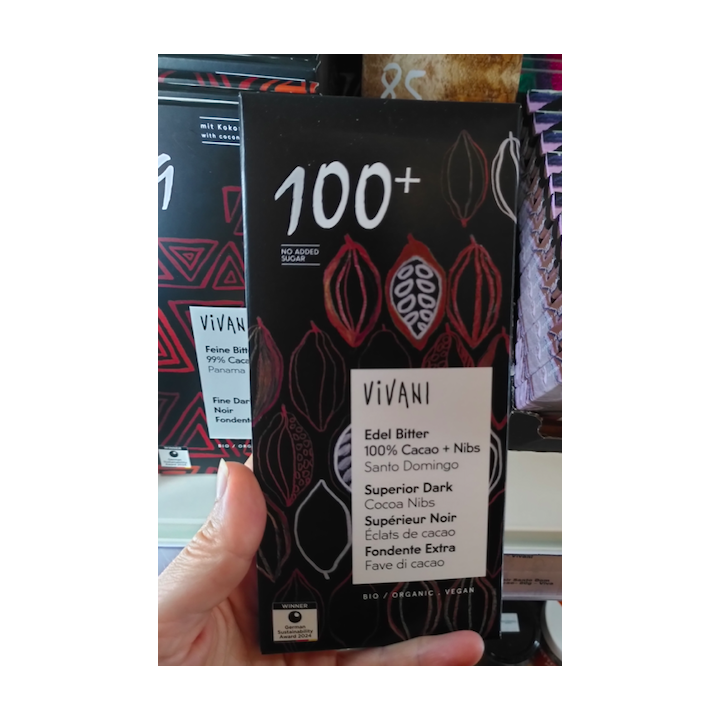 Chocolat noir 100% cacao + nibs - VIVANI - 80g