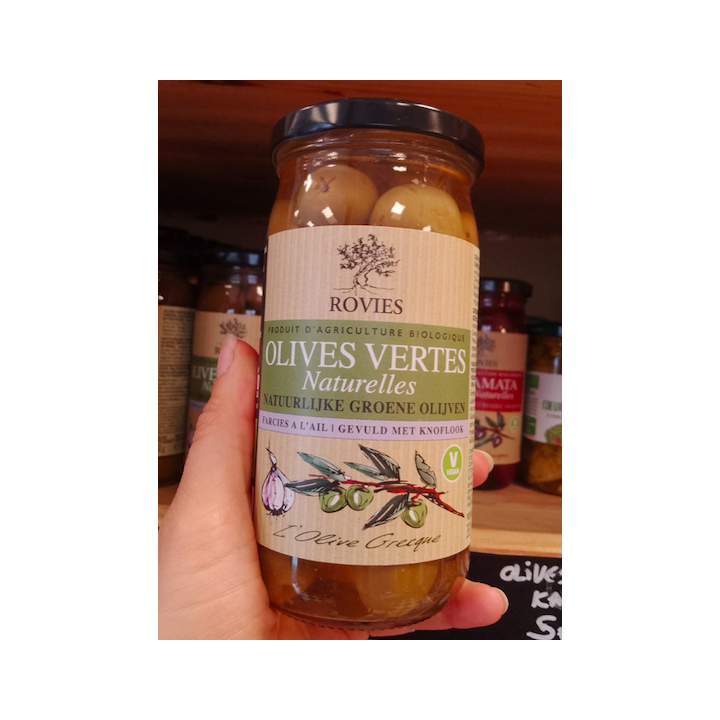 Olives vertes à l'ail bio – 350g – Rovies